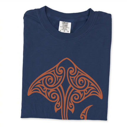 Tribal stingray graphic tee inspired by Maori and Polynesian ocean life art.