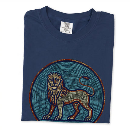 Blue grey t-shirt featuring a mosaic graphic of an ancient lion animal design.