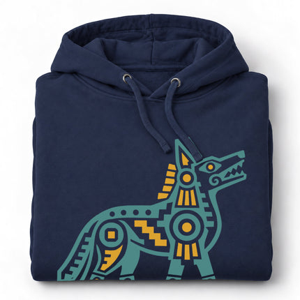 Aztec Coyote Hoodie | Teal and Blue Geometric Canine Graphic