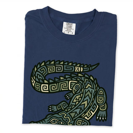 Black long sleeve tee featuring a geometric Mayan crocodile print design.