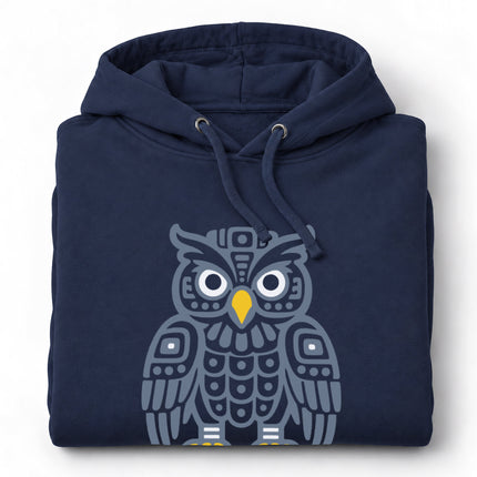 Mayan Owl Hoodie | Brown Geometric Bird with White Eyes Design