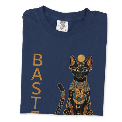 Bastet Egyptian goddess art graphic t-shirt featuring ancient feline mythology design.