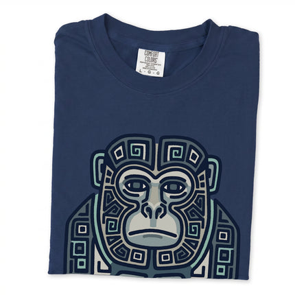 Blue-green geometric tribal monkey t-shirt featuring Mayan inspired art motifs.