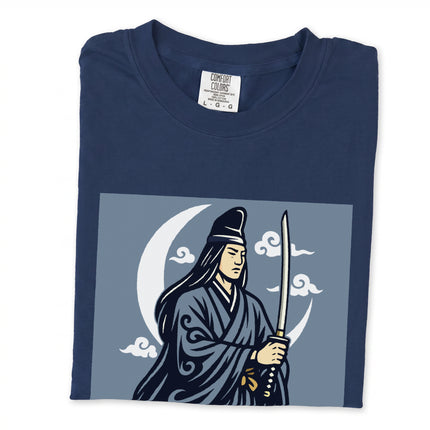 Japanese Moon God Tsukuyomi graphic tee featuring a sword and crescent moon design.