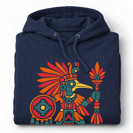 Aztec Hummingbird Warrior Hoodie | Red and Orange Bird Figure