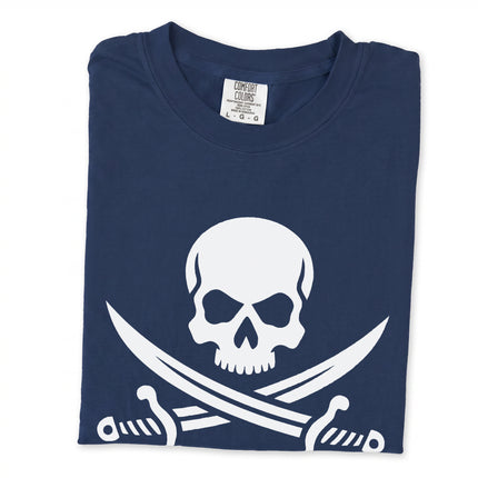 Skull and cutlass pirate symbol graphic on a black t-shirt.