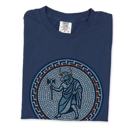 Greek Minotaur mosaic t-shirt featuring labyrinth and axe details from Greek mythology.
