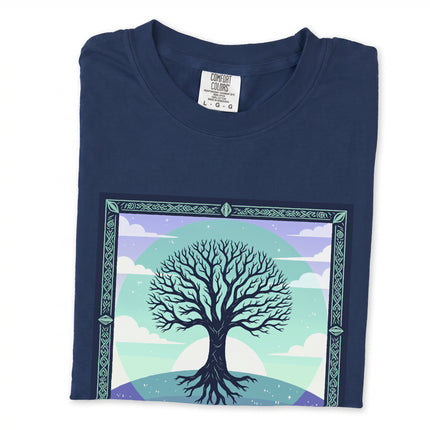 Yggdrasil Tree of Life graphic tee featuring Celtic knot roots and branches design.