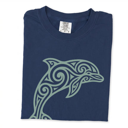 Tribal dolphin swirl graphic tee featuring ocean animal artwork on a comfortable t-shirt.