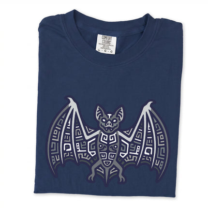 Tribal Mayan Bat Symbol T-Shirt with blue and indigo geometric graphic print.