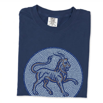 Mosaic design of a mythical chimera creature featuring blue lion and goat elements.