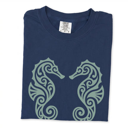 Ornate tribal seahorse design tee featuring detailed marine life artwork print.