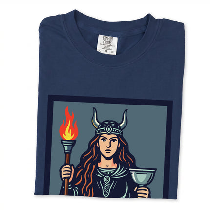 Gullveig goddess t-shirt design featuring Norse mythology, torch, and chalice graphic.