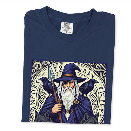 Norse Odin t-shirt design featuring Allfather art with ravens, wolves, and Viking mythological motifs.