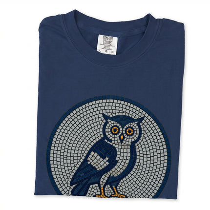 Mosaic geometric owl graphic t-shirt featuring a blue and grey mosaic design.