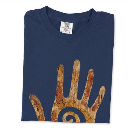Ancient spiral hand graphic tee featuring traditional Hopi Native American symbolism.