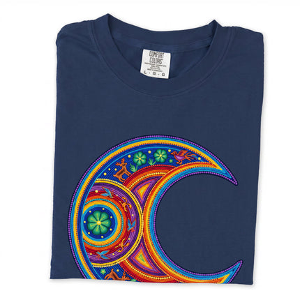 Huichol art long sleeve tee featuring a colorful crescent moon design.