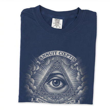 Great Seal Eye of Providence pyramid graphic printed on a long sleeve t-shirt.