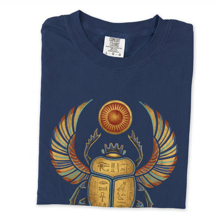 Winged Khepri Scarab Egyptian god graphic print on a long sleeve t-shirt.