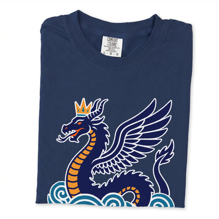 Tiamat sea serpent dragon graphic t-shirt featuring crowned mythology art print.
