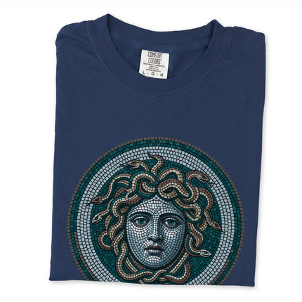 Blue Medusa mosaic graphic tee shirt featuring Greek mythology gorgon head art.