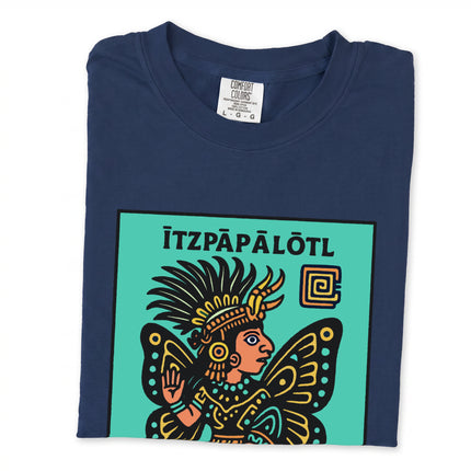 Aztec butterfly goddess mythology print on t-shirt.