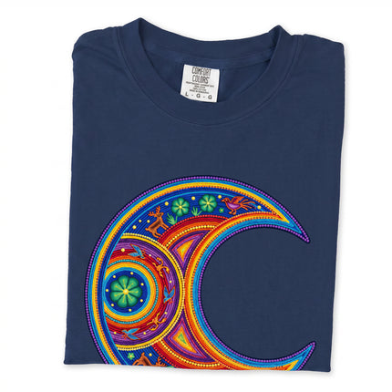 Colorful t-shirt featuring a huichol inspired crescent moon graphic in vibrant Mexican art style.