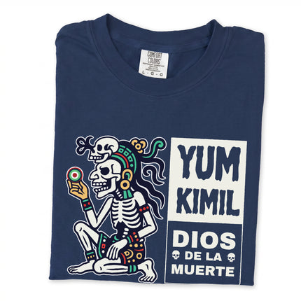 Mesoamerican mythology tee featuring Yum Kimil, the Mayan Death God skeleton art.
