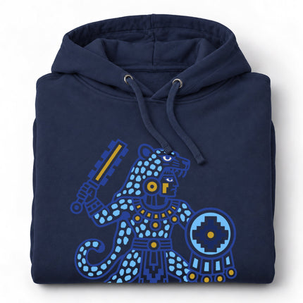 Aztec Jaguar Warrior Hoodie | Blue Spotted Figure and Shield