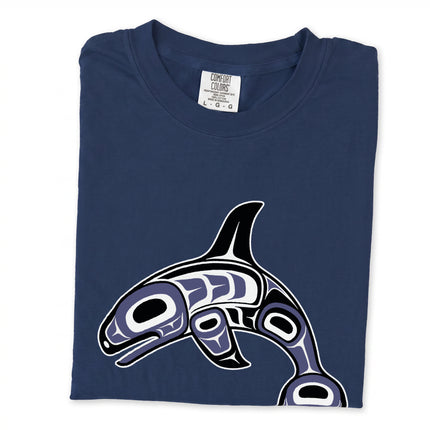 Native formline orca t-shirt featuring a killer whale graphic from the Pacific Northwest.
