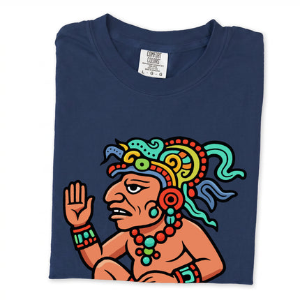 Colorful Itzamná Mayan God graphic t-shirt featuring ancient mythology art print.