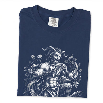 Dancing Greek god Pan with panpipes graphic print on long sleeve tee.