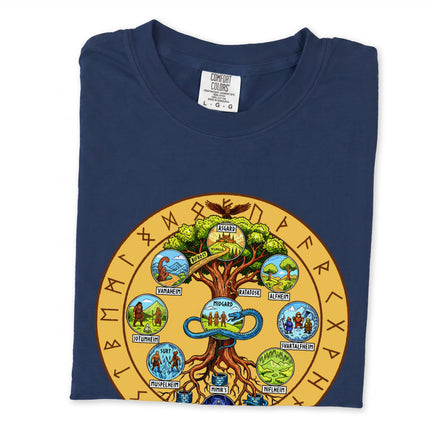 Norse Yggdrasil World Tree t-shirt graphic featuring nine realms mythology runes design.