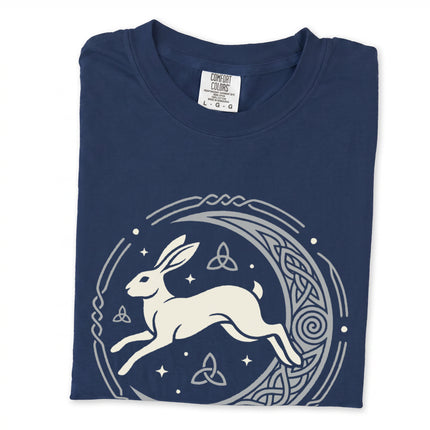 Celtic knotwork graphic featuring a hare and crescent moon design print on a comfortable t-shirt.