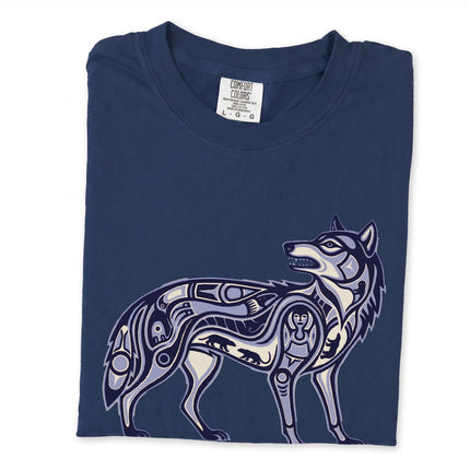 Unisex t-shirt featuring a tribal, stylized wolf symbol graphic inspired by Inuit art.
