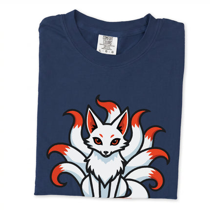 Nine-tailed kitsune fox graphic t-shirt inspired by japanese mythology art.