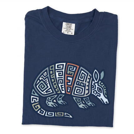 Mayan armadillo geometric tribal art t-shirt in blue and green tones.