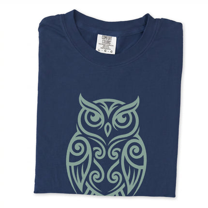 Owl tribal art t-shirt featuring intricate celtic knot wisdom design.