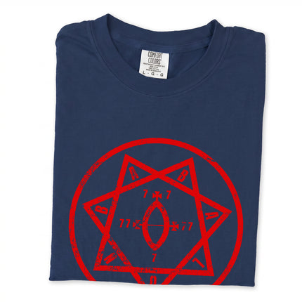 Star of Babalon occult symbol graphic on a unisex pagan celestial deity t-shirt.