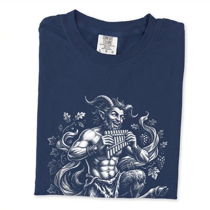 Pan satyr graphic tee featuring mythological art of a figure playing a flute.