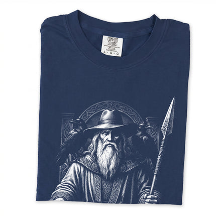 Norse god Odin graphic tee featuring the seated figure with spear and ravens.
