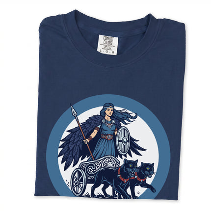 Freya Norse Goddess cat chariot graphic t-shirt design featuring Viking mythology art.