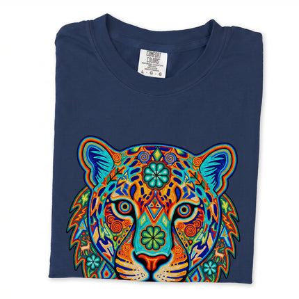 Psychedelic Huichol jaguar graphic tee featuring vibrant Mexican cultural art print.