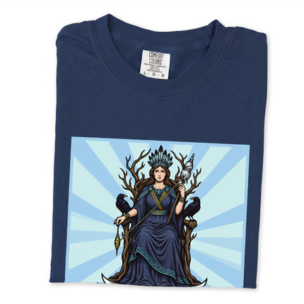 Norse mythology Frigg Queen of Asgard raven graphic t-shirt design.