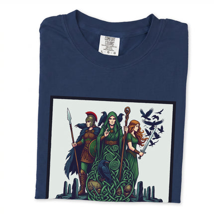 The Morrigan Triple Goddess raven design on a Celtic Irish mythology t-shirt graphic.