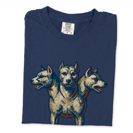 Cerberus three-headed dog mosaic graphic tee featuring Greek mythology art.