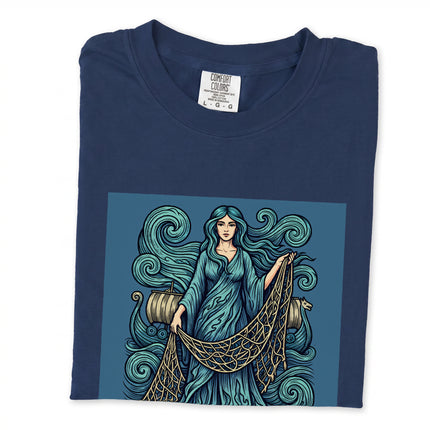 Norse Sea Goddess Rán t-shirt print with mythological ocean waves and net design.