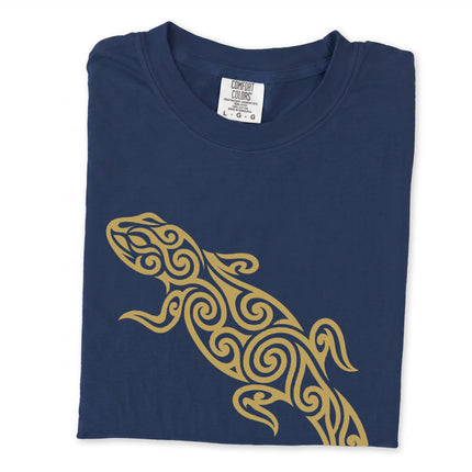 Tribal lizard swirl pattern graphic t-shirt featuring a unique unisex design print.