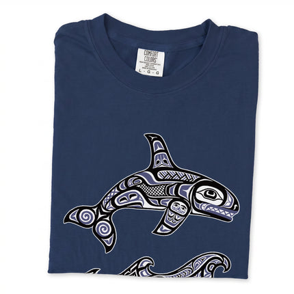 Haida formline art killer whale orca t-shirt with stylized waves pattern.
