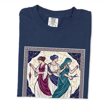 Ancient Greek Goddesses Moirai The Fates mythology t-shirt print featuring divine figures.